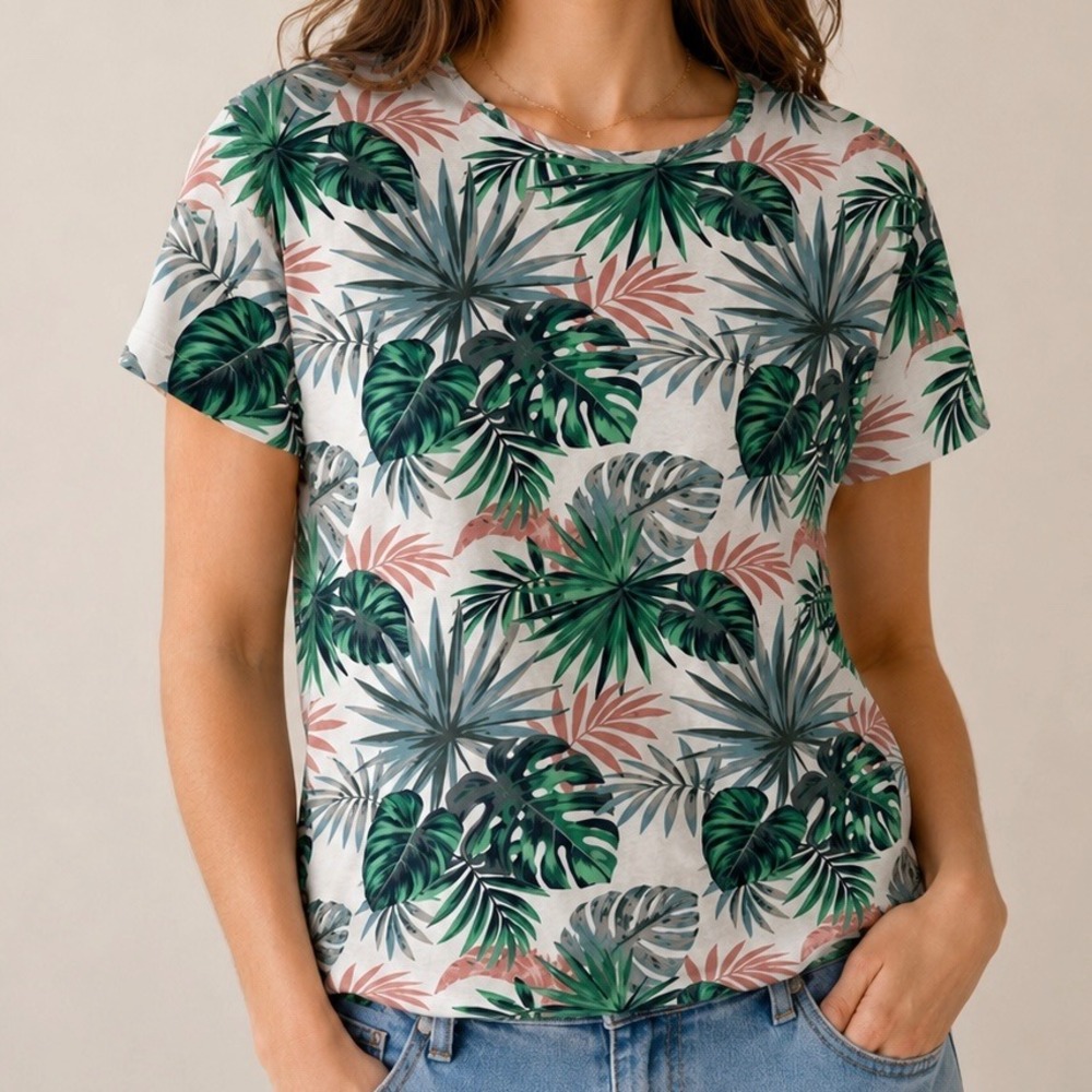 House Tropical Palm Leaf Print Tee Shirt‎ 100% Cotton White Green Pink Womens S